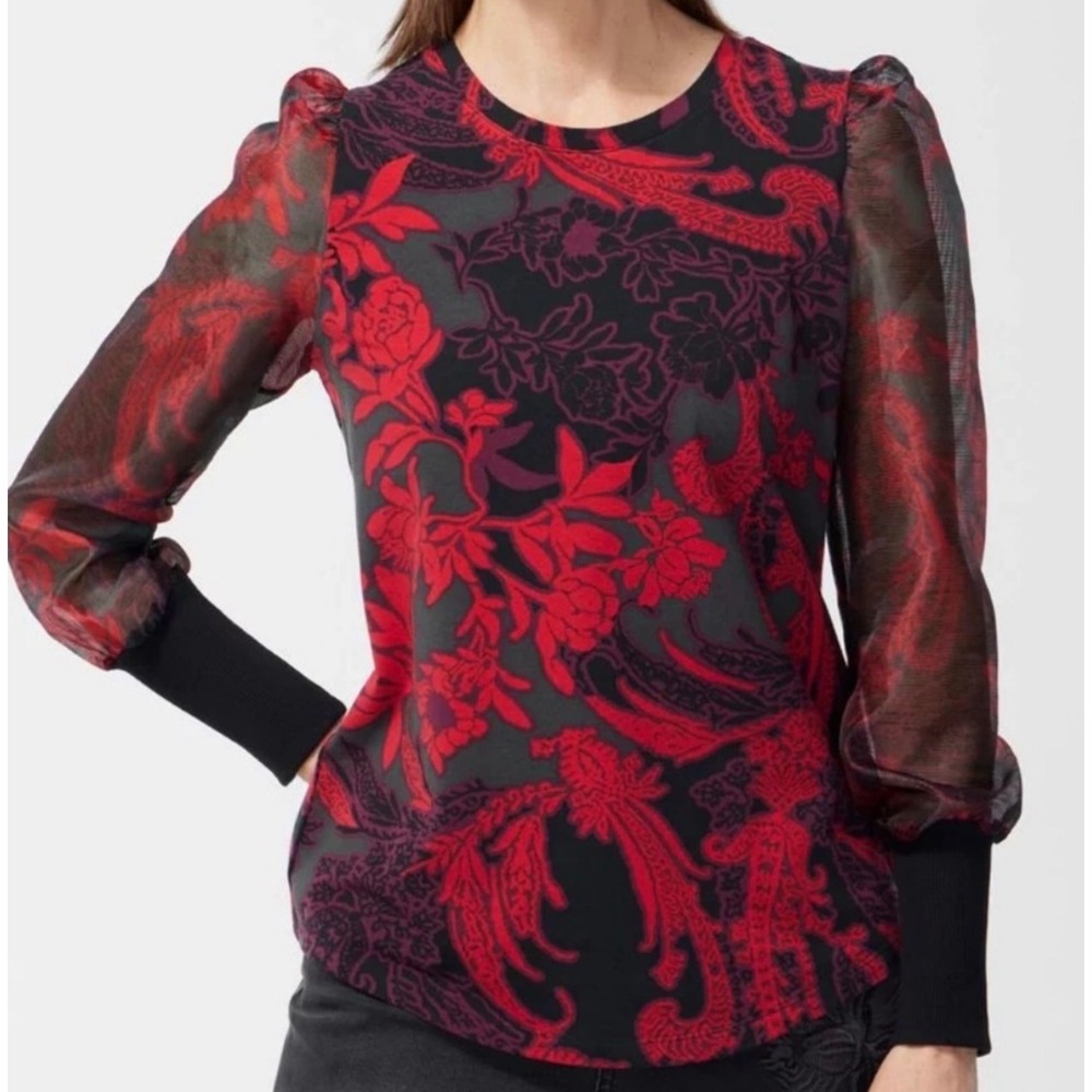 Chico's Paradise Organza Sleeve Knit Top Red Black Floral Size Chico 2 US 12 NEW
